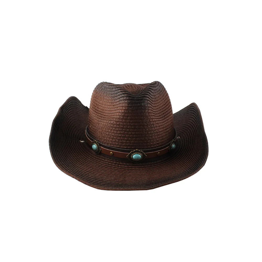 

European and American curled straw woven western era cowboy hat summer seaside beach sunscreen Panama Fedora hat sun hat