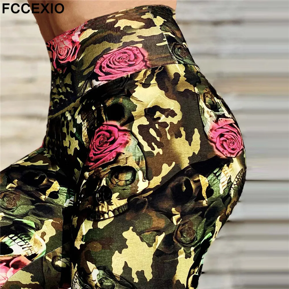 FCCEXIO Camouflage Skull 3D Print Women Pants Push Up Running Sports Leggings Slim Pants Female Casual Trousers Fitness Legging zyia leggings Leggings