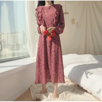 

Yocalor Elegant O-neck Chiffon Women Dress Full Sleeve Ruffles Loose Dress Female 2020 Spring Casual Floral Print Long Vestidos