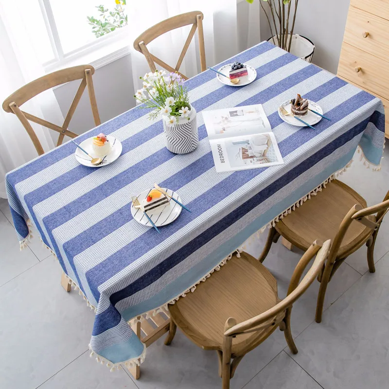 

Stripe Two-tone Decorative Linen Tablecloth With Tassel Waterproof Oilproof Thicken Rectangular Wedding Dining Tea Table Cloth