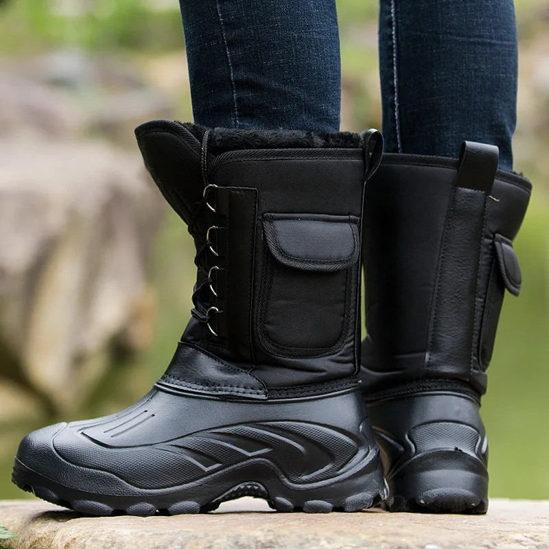 

Winter boots men tube thickened cotton boots men's cotton shoes non-slip waterproof door plus fleece fishing shoes