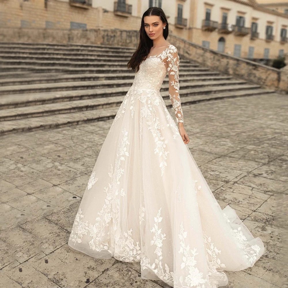 

Exquisite Appliques Long Sleeves Wedding Dress for 2023 Brides Tulle Corset Illusion Scoop A Line Bridal with Lace Up Back