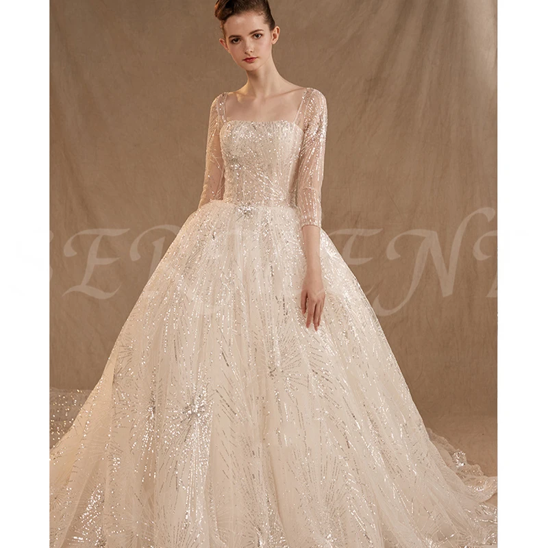 

Luxury Long Sleeve Sequin Cloth Wedding Gown Wedding Dress Cathedral Train Lace Up Pattern Square Collar Beadings Plus Size