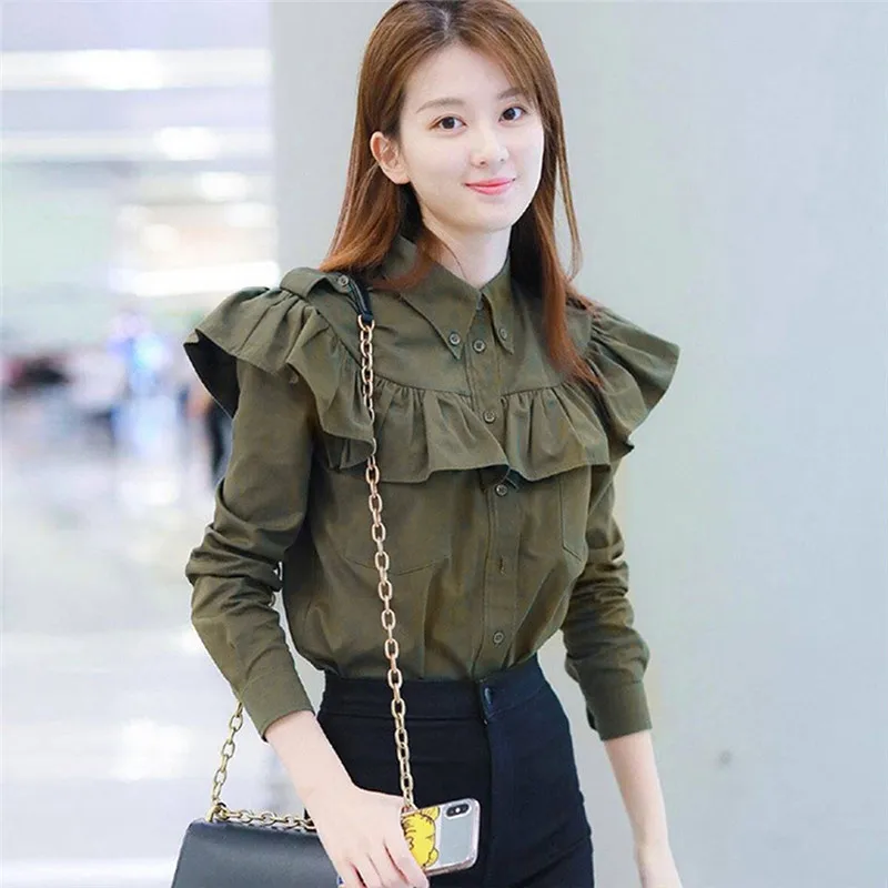 Korea 2020 Autumn New Fashion Women's Blouse Turn-down Collar Long Sleeve Ruffles Shirt Button Elegant Green Tops | Женская одежда