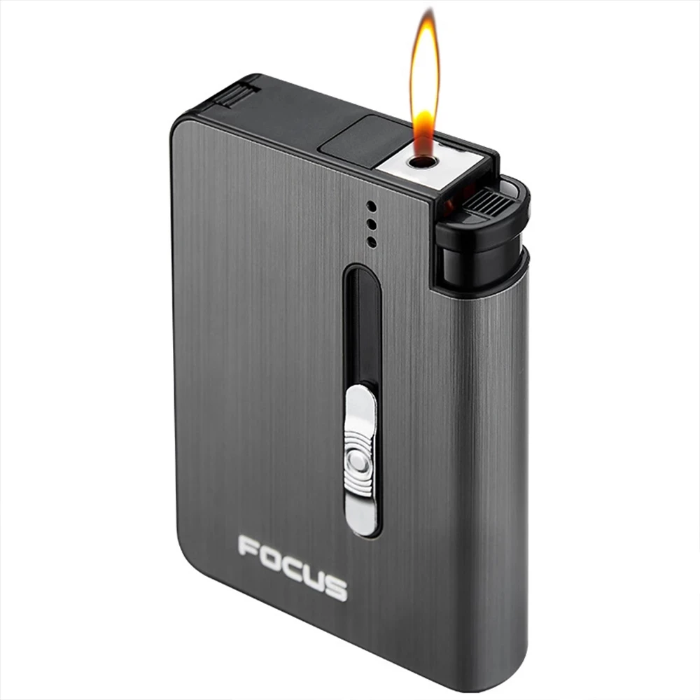 

Portable 10pcs Cigarettes Capacity Automatic Cigarette Case Can Hold Gas Lighter Metal Cigarette Box For Men Smoking Gadget Gift