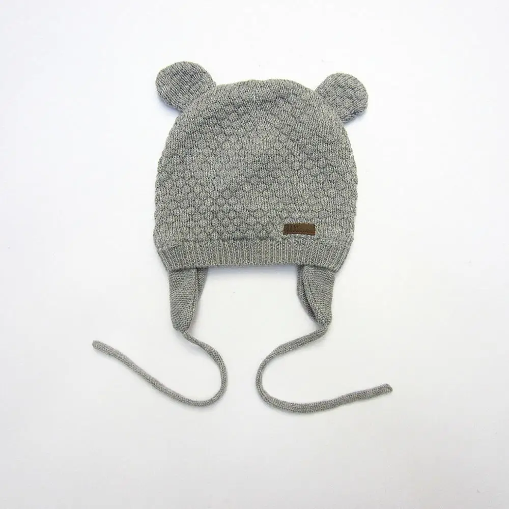 Милая детская шапка с медвежьими ушками, мягкая хлопковая шапочка для новорожденных, двухслойная теплая зимняя шапка для маленьких девочек и мальчиков, вязаные детские шапки, новинка - Цвет: Серый