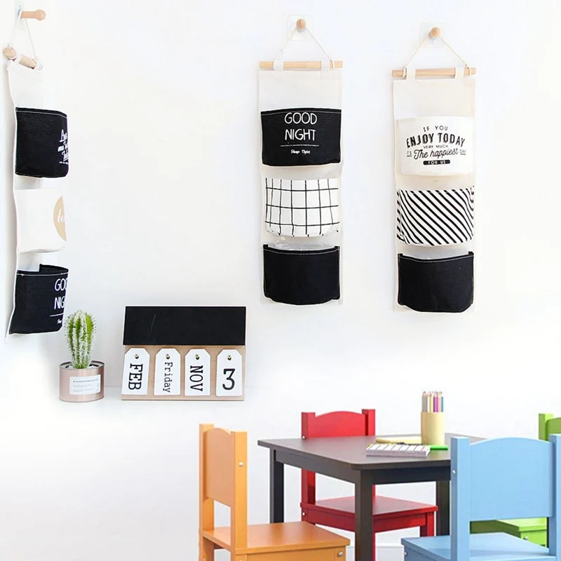 

Nordic Black White Wall Hanging Storage Bags 3 Pockets Cotton Linen Wardrobe Closet Cosmetics Sundries Organizer Pouch Hang Bag