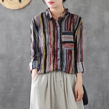

New Color stripes Women Blouse Long Sleeve Cotton linen long Blouse Lady Casual Button Design Turn Down Collar Female Shirt