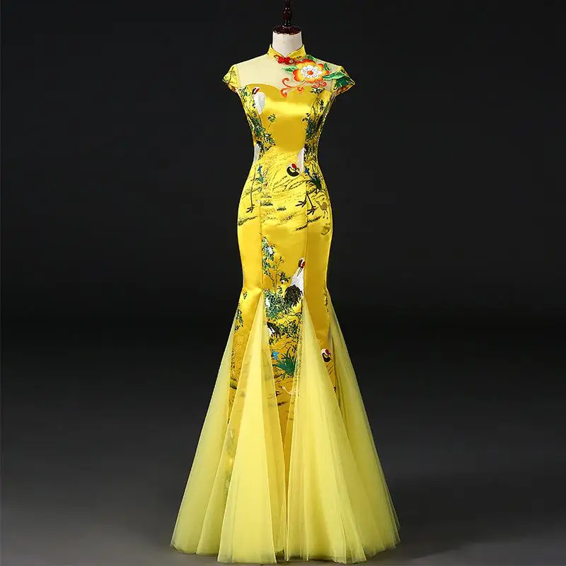 Желтый китайский стиль женские свадебные Cheongsam ретро сексуальные тонкие вечерние платья свадебное платье Qipao Мода Леди Vestido S-3XL - Цвет: Цвет: желтый