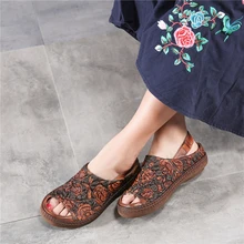 Tyawkiho/женские кожаные сандалии с вышивкой; летние туфли на плоской подошве; женские сандалии из натуральной кожи в стиле ретро; слипоны ручной работы;