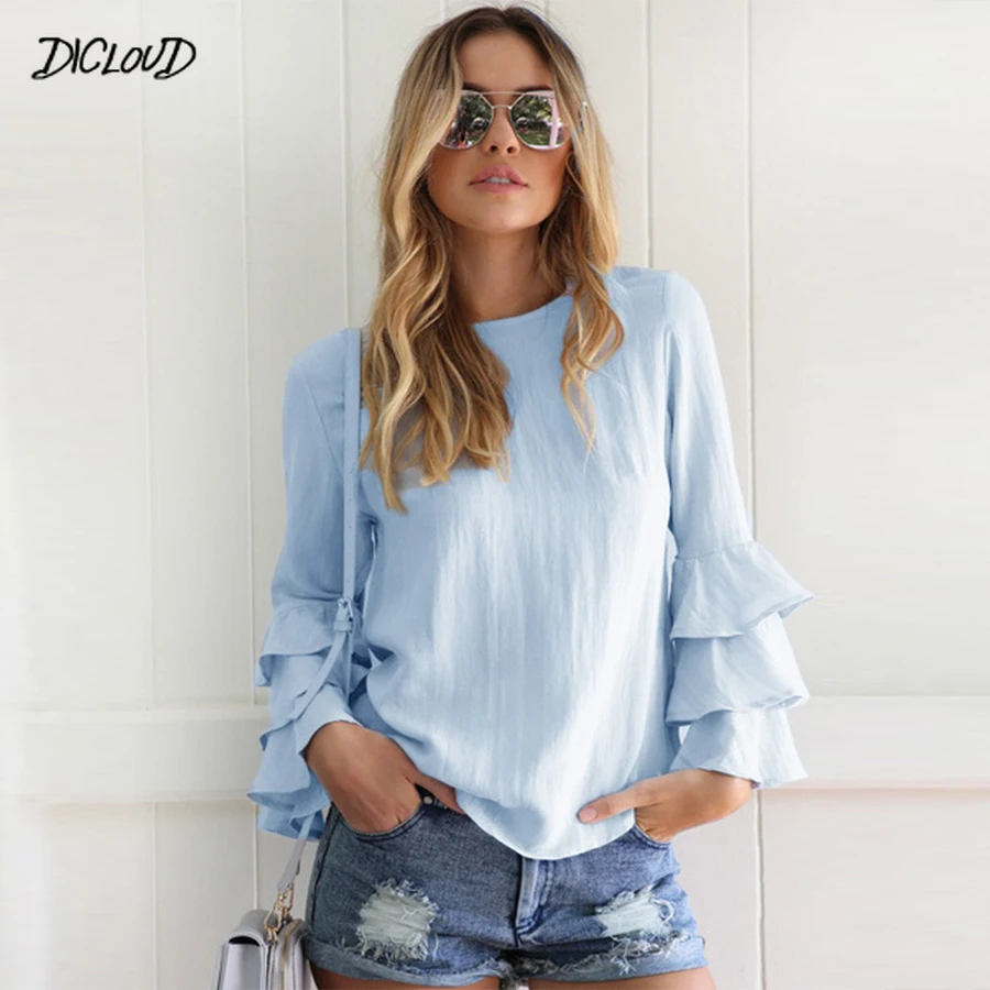 

Autumn Winter Simple Blouse Women Ruffles Slim Loose Black White Shirt Ladies Fashion Elegant O Neck Plus Size Tops Female