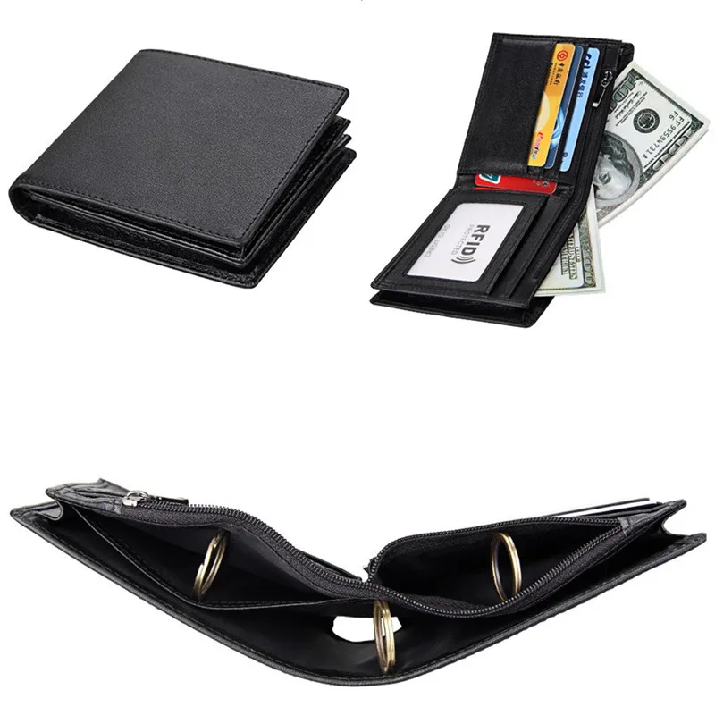 

Luxury Men's Wallet Fashion Top Layer Short Business Wallet Tri-Fold Cowhide Wallet RFID Protection Male Black Card Bag Purse