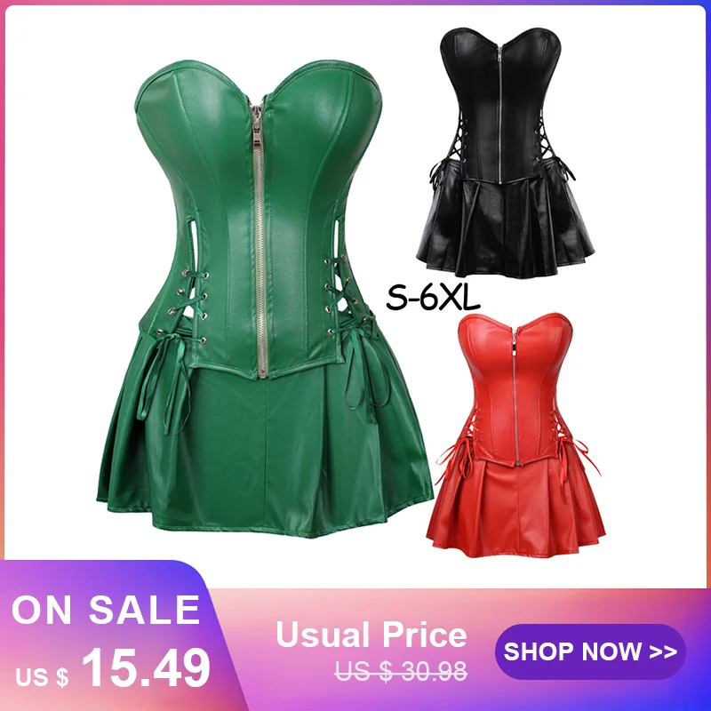 

Plus Size S-6XL Black Zipper PU Leather Corset Bustier Dress set Overbust Sexy Lingerie Women Lace Up Corselet Tops Skirt Thong
