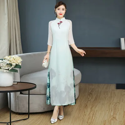 Вьетнамский стиль qipao аозай традиционные азиатские шифоновые платья - Цвет: Белый