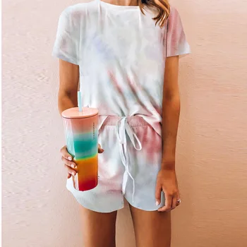 

Casual Home wear Set Women's Europe and America Summer New Style Lettered Printed T-shirt Shorts Tie-dye Split Type Pajamas