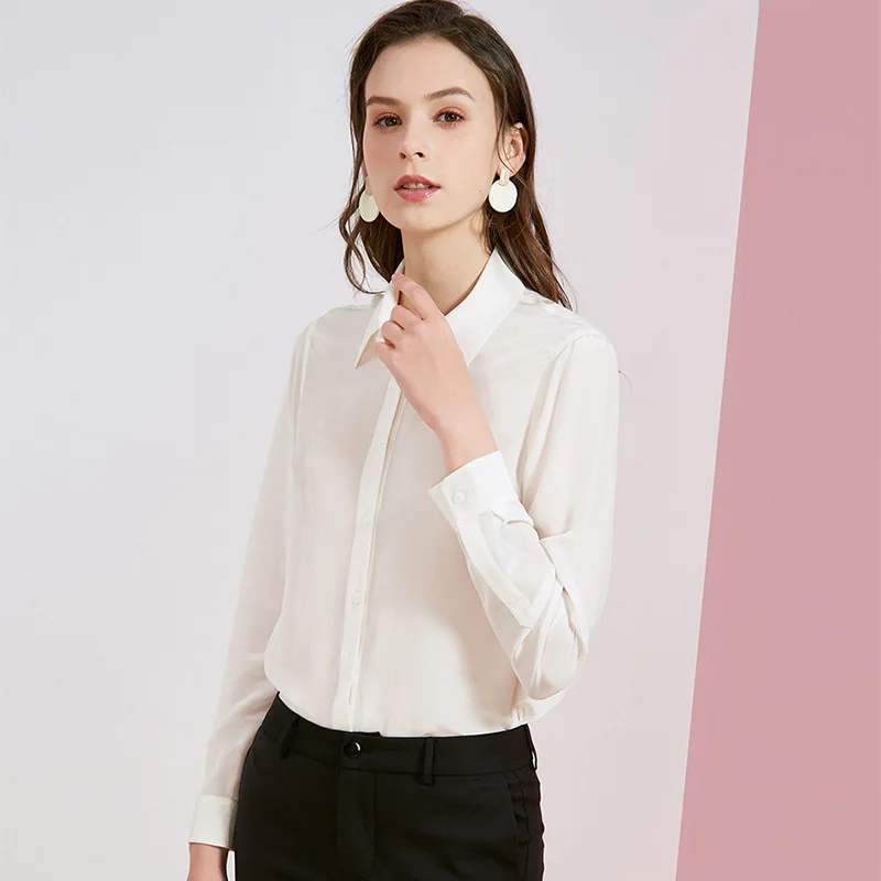 

2020 Spring Women's High End Real Silk Luxury Formal Slim Shirts and Blouses Long Sleeved White Color Tops
