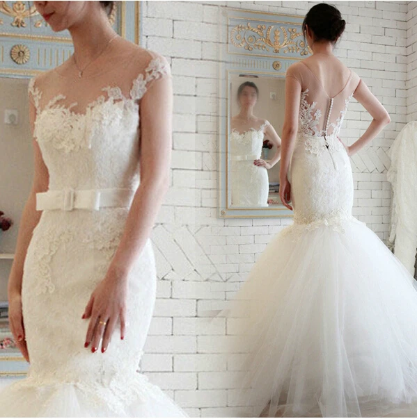 

free shipping sexy romantic bow button 2016 casamento lace appliques vestido de noiva tulle mermaid wedding dress Bridal Gown