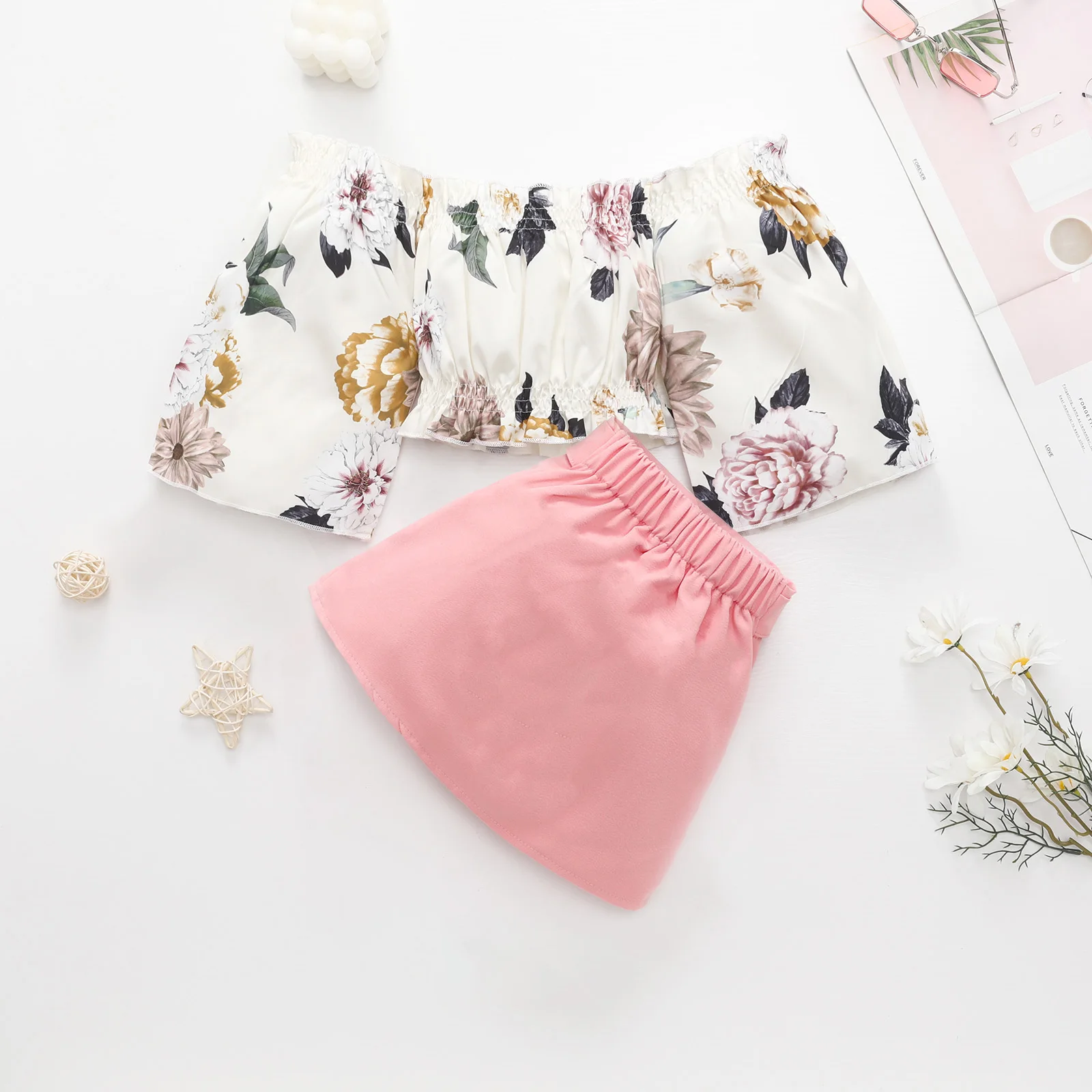 Kids Girls Clothing Sets 1-6Y Autumn Floral Off Shoulder Long Sleeve Tops Buttons Mini Skirts Casual Outfits