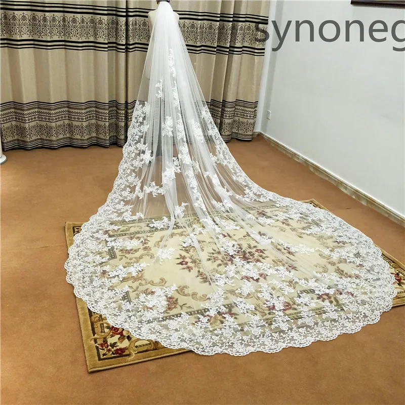 Bridal Veil Cathedral Length 1 Layer Wide Lace Veil Metal Comb New Pattern Wedding Real Photo