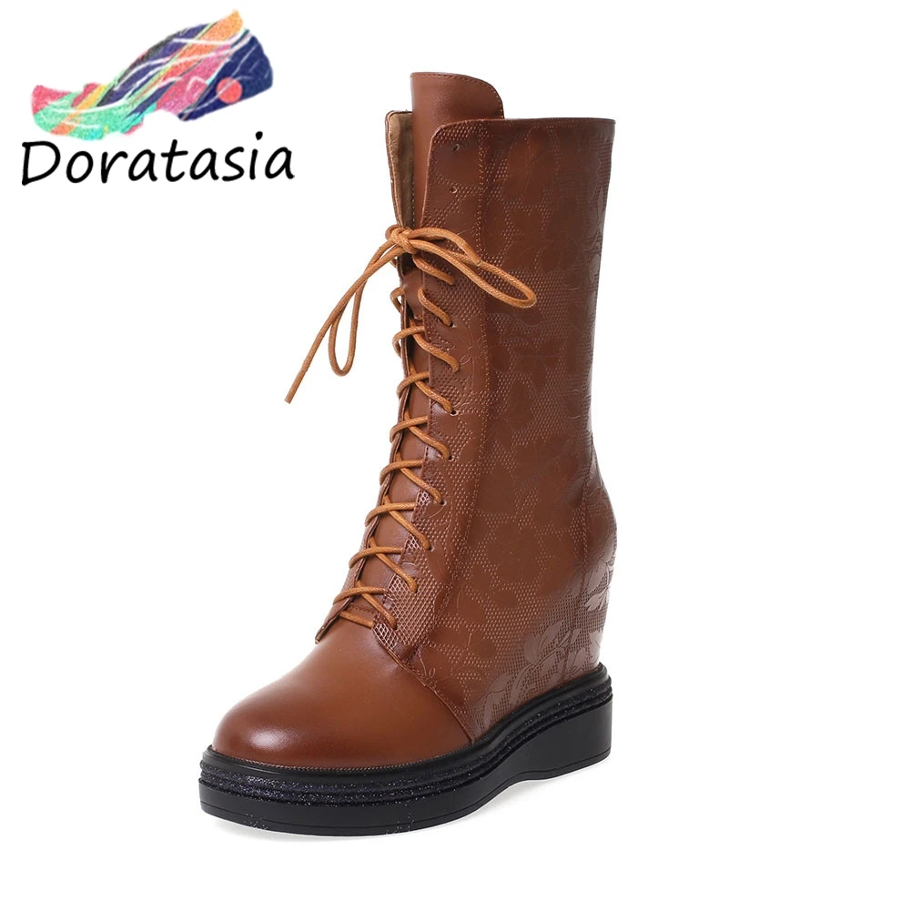 

DORATASIA 32-40 High Top Genuine Leather Boots Women 2020 Height Increasing Booties Ladies Platform High Shoes Woman