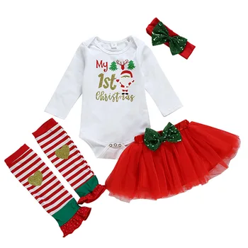

Baby Girl Outfits Newborn Toddler Girls Christmas Romper Tops Tutu Lace Dress Hairband Socks 4Pcs Set Girl