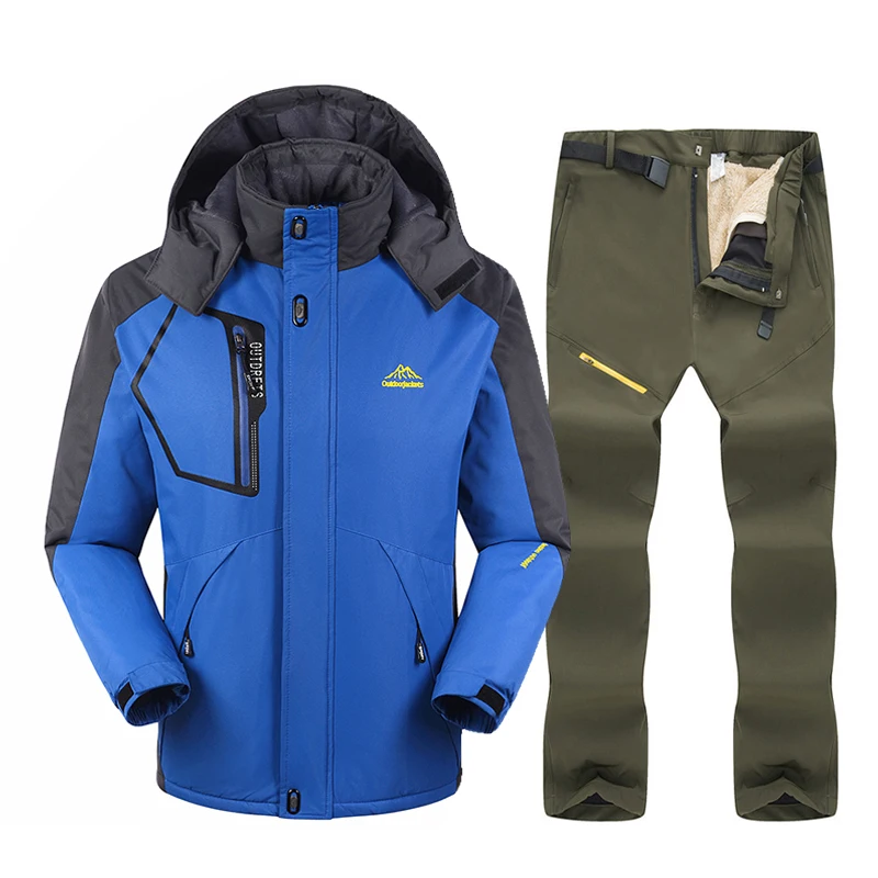 Хит, лыжный костюм для мужчин, лыжный костюм для мужчин, зимняя ветрозащитная Водонепроницаемая теплая зимняя куртка, штаны для катания на лыжах и сноуборде, лыжная куртка для мужчин - Цвет: Blue  Army green