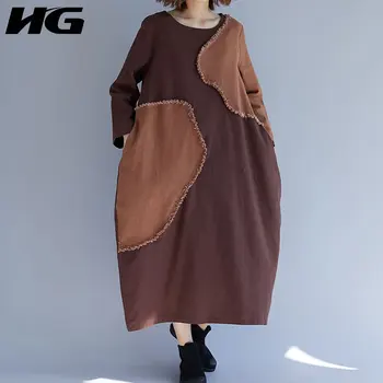 

HG Autumn National Style Irregular Patch Dress Women Plus Size Cotton Linen Long Ladies Dresses Fashion Literary Robe XJ2314