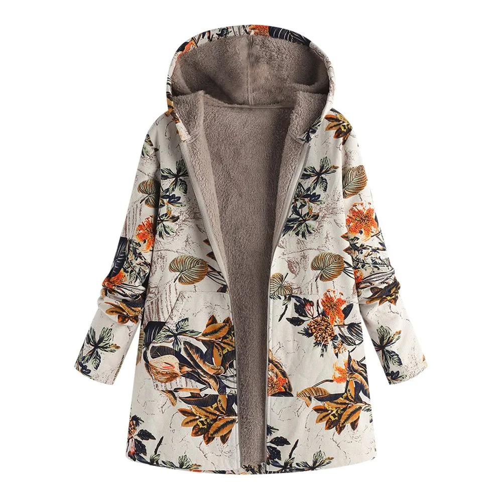 Теплое флисовое пальто с цветочным принтом, винтажная Женская куртка с капюшоном, плюшевые фланелевые куртки на молнии, осенне-зимнее женское теплое пальто