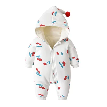 

Winter Baby Girls Thick Romper Infant Baby Girl Cherry Printed Hooded Jumpsuit Newborn Lovely Warm One-Piece Jumpsuits #LR4