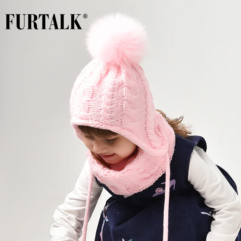 FURTALK/детская зимняя шапка с помпоном комплект шарфом для девочек и мальчиков