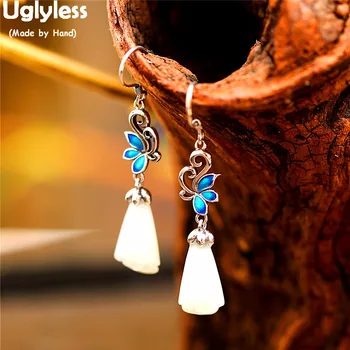 

Uglyless Enamel Blue Butterflies Earrings for Women Natural Jade Magnolia Floral Earrings Real 925 Silver Insect Brincos E1478
