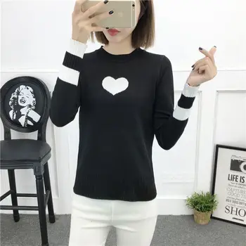 

Autumn Winter Knitted Sweater Women Heart Print Slim Long-Sleeve Pullover Bottomming Tops Knitwear Pink Sweaters pull femme