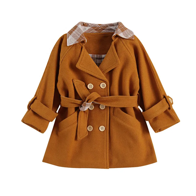 

â€‹Childrenâ€™s Warm Coat Long Sleeve Solid Color Lapel Button Coat with Pocket Autumn Winter Jacket Fashion Wool Blends Outerwear