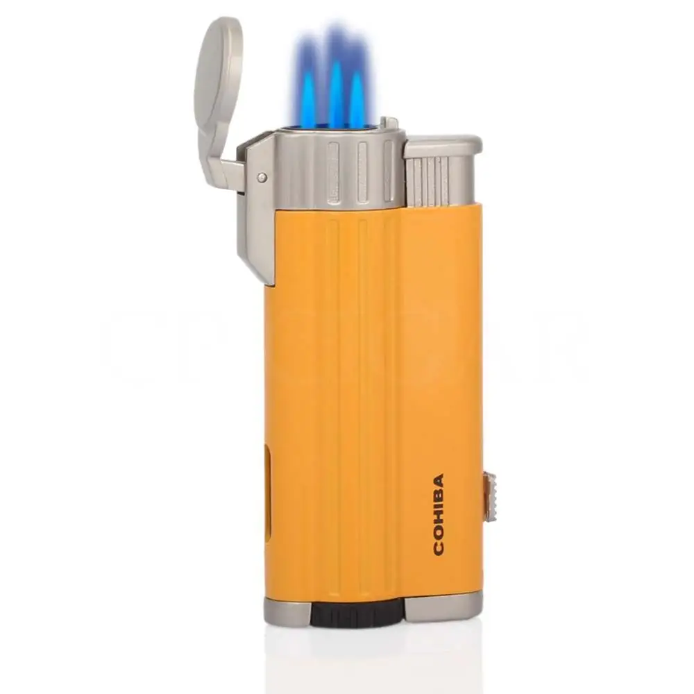 COHIBA карманные зажигалки для сигар 3 струйный фонарь ветрозащитная зажигалка бутан металлическая портативная Зажигалка для прикуривателя многоразовая W/Подарочная коробка