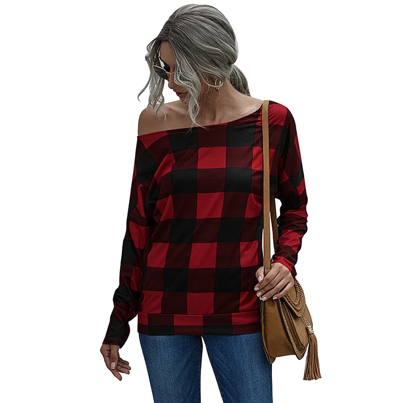 

Ladies Sexy Tees Autumn Mujer Camisetas Plus Size Tops Off Shoulder Women Plaid Cotton T Shirt Casual Long Sleeve Fashion