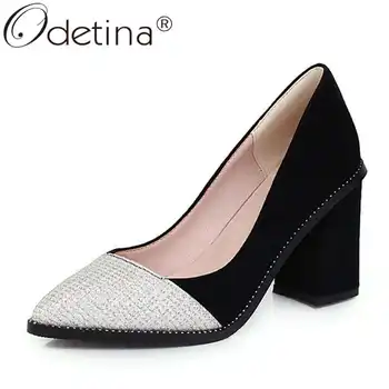 

Odetina Women Fashion Block High Heel Pointed Toe Dress Shoes Lady Vintage Rivet Slip On Non-slip Faux Suede Concise Party Shoes