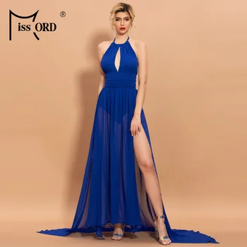

Missord 2020 Spring Summer Chiffon Halter Off the Shoulder Women Holiday Dresses Backless High Split Female Dresses FT20214