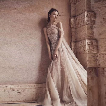 

2020 New Fashion Khaki Sexy Summer Wedding Mesh Beading One Shoulder Long Maxi Celebrity Party Women Vestidos Wholesale