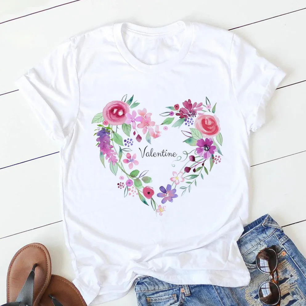 pink heart flower Print Women tshirt Short Sleeve Print Clothes Ladies Womens T-Shirt Graphic Tops Clothes Female T-shirts