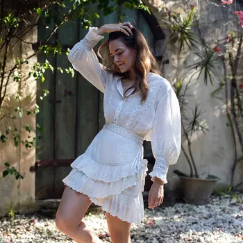 

Dress women with cotton white lace hollowed-out dress Floral embroidered long-sleeved mini dress ruffles boho dress Vestidos