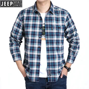 

JEEP SPIRIT Long Sleeves Shirt Men's Pure Cotton Spring Autumn Plaid Shirt Business Casual Shirts Men Dress Large Size M-4XL