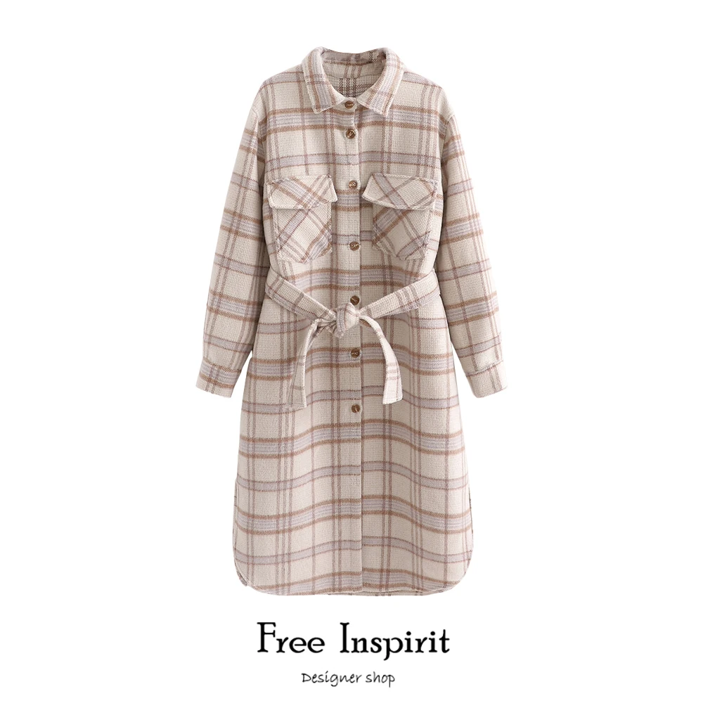

Free Inspirit New Arrival Lady's Wool Overcoat Loose Belt Turn-down Collar Long Plaid Shirt Style Coat