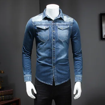 

Fashion Denim Shirt Men Spring Autumn Casual Cotton Patchwork Pocket Long Sleeve Shirt