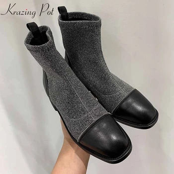 

krazing pot 2019 natural leather Chelsea boots round toe thick med heels mixed color decoration stretch knitting ankle boots l53