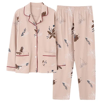 

High Quality Pure Cotton Sleepwear Suit Women's Pyjamas Long Sleeve Nightwear Turn-down Collar With Pocket Pajamas Sets Homewear