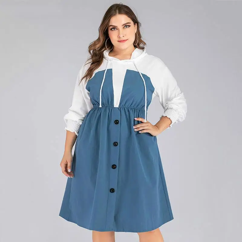 

4XL 5XL Spring Large size Women Dress Casual Elastic Waist Loose Hooded Buttons Dress Autumn Female Long Sleeve Plus size Dress
