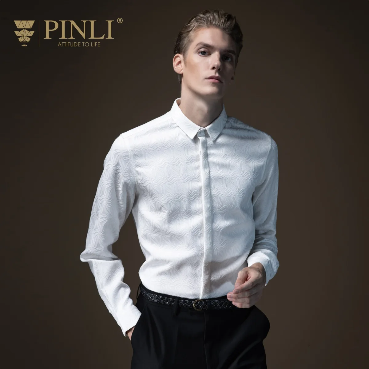 Blusas гавайская рубашка Pinli осень Новая мужская декорированная жаккардовая рубашка с квадратным воротником, не Железная Рубашка с длинными рукавами B193213047