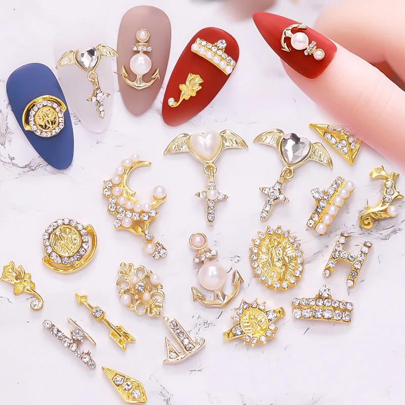 10pcs/lot gold 3D alloy Nail art Decoration 3d Pearl Metal Nail Jewelry