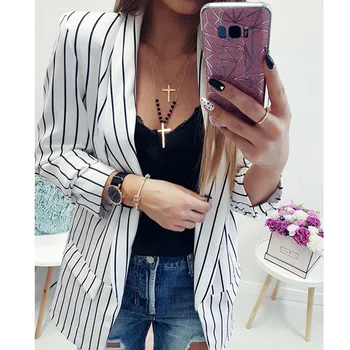 

Women Jackets Long Sleeve Turn-Down Collar Loose Outwear Elegant Overcoats Loose Suit Jackets Femme Striped Coat