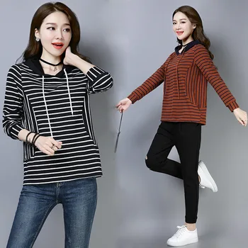 

2019 Autumn Clothes Big Code Is Thin Stripes Loose Top Woman Loose Lian Hat Cedar Sweater Woman